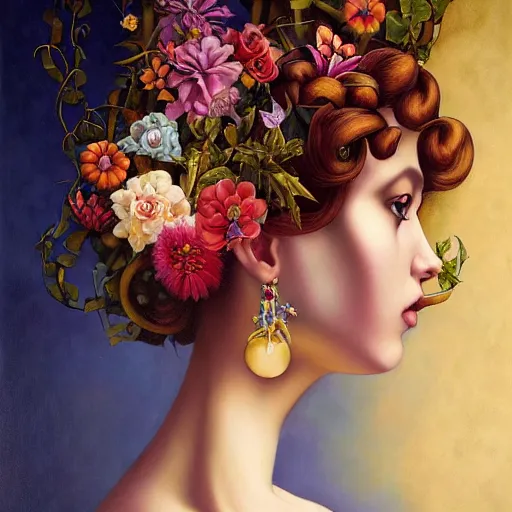 Image similar to dynamic composition, a painting of woman with hair of ( summer flowers )!! and vines wearing ornate earrings, ornate gilded details, a surrealist painting by tom bagshaw and jacek yerga and tamara de lempicka and jesse king, featured on cgsociety, pop surrealism, surrealist, dramatic lighting, wiccan, pre - raphaelite