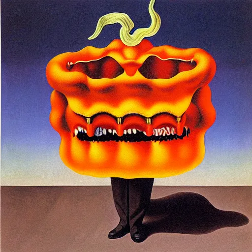 Image similar to devil boss in hell, oil painting by rene magritte