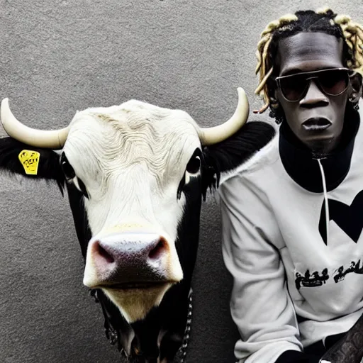 Prompt: young thug with a cow