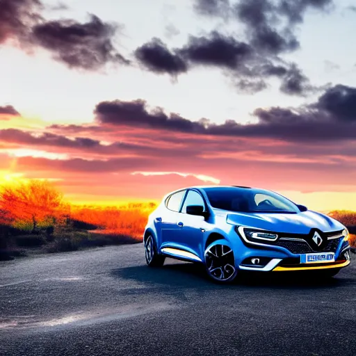 Prompt: a Renault Megane speeding during sunset