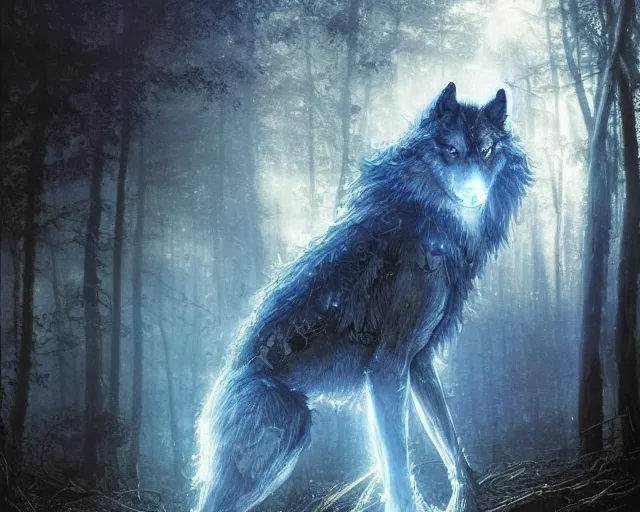 Image similar to 5 5 mm portrait photo of an armored holy wolf angelic with blue glowing eyes and looking at the camera, glowing with holy lights, holy energy, in a magical forest. magical atmosphere. art by greg rutkowski and luis royo. highly detailed 8 k. intricate. lifelike. soft light. nikon d 8 5 0.