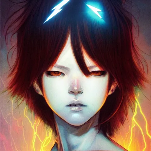 Image similar to prompt : lightning portrait soft light painted by james jean and katsuhiro otomo and erik jones, inspired by evangeleon anime, smooth face feature, intricate oil painting, high detail illustration, sharp high detail, manga and anime 1 9 9 9