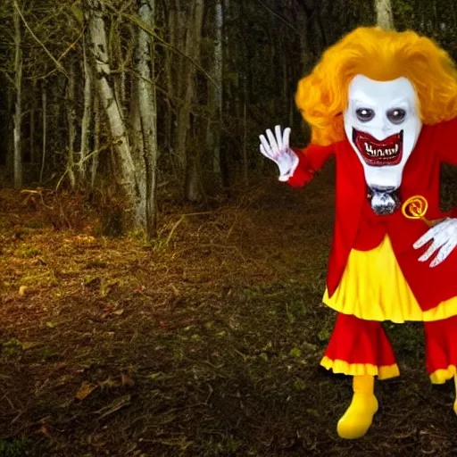 Image similar to ronald mcdonald as a dark scary horror creature with teeth in the woods with only one flashlight