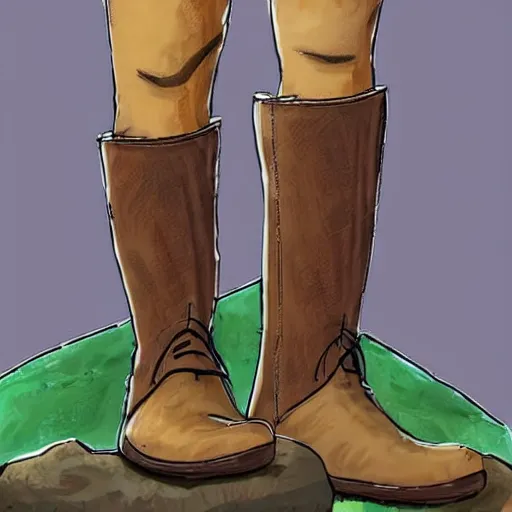 Prompt: a concept art of a well used brown leather boots for walking in the mountain