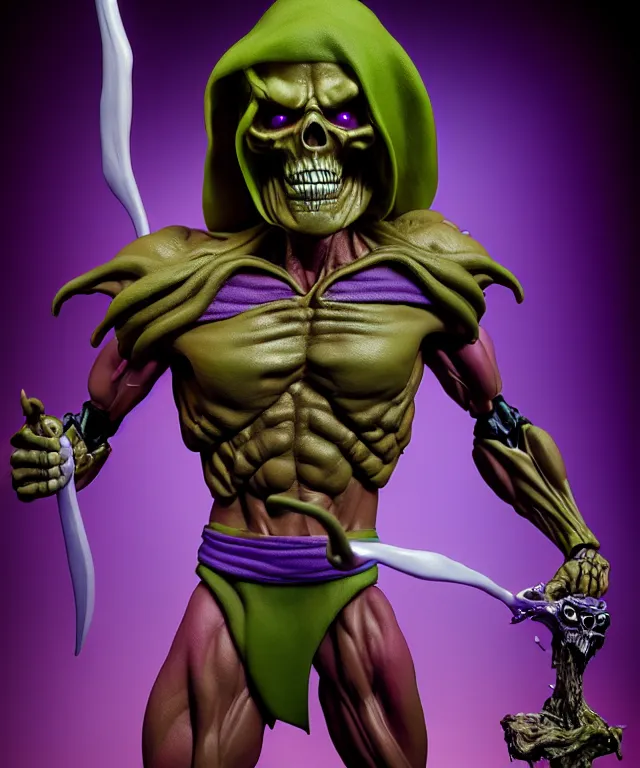 Image similar to hyperrealistic rendering, skeletor, by art of skinner and richard corben and jeff easley, product photography, action figure, sofubi, studio lighting, colored gels