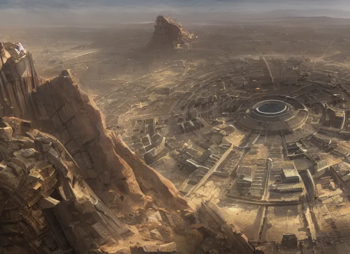 Prompt: Wide shot of Futuristic Sprawling desert megalopolis encircled by mountains and bordered by a shield wall, made of brutalist stone with a futuristic pyramid in the center, by greg rutkowski