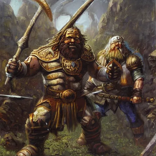 Image similar to Dwarven iron guard fighting a troll. Dnd. Epic painting by james gurney.