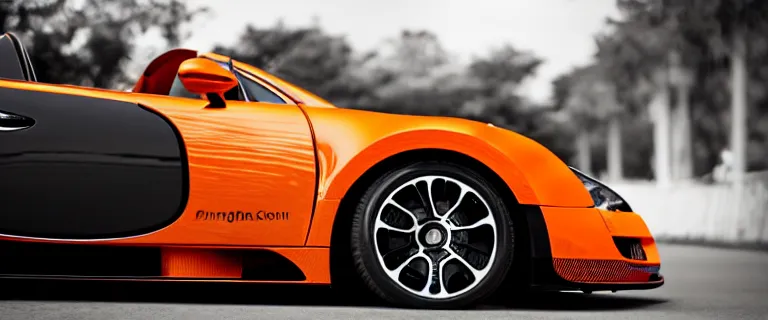 Image similar to orange and black Bugatti Veyron, driving in South Tangerang, South Jakarta, Indonesia, close up shot, Tilted frame, dutch angle, Deep depth of field, Midday, harsh overhead sunlight, directional sunlight skewed shot, trending on artstation,