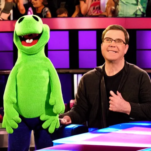 Prompt: barney the dinosaur wrestling steve from blues clues on the set of american idol, simon cowell standing and clapping his hands,