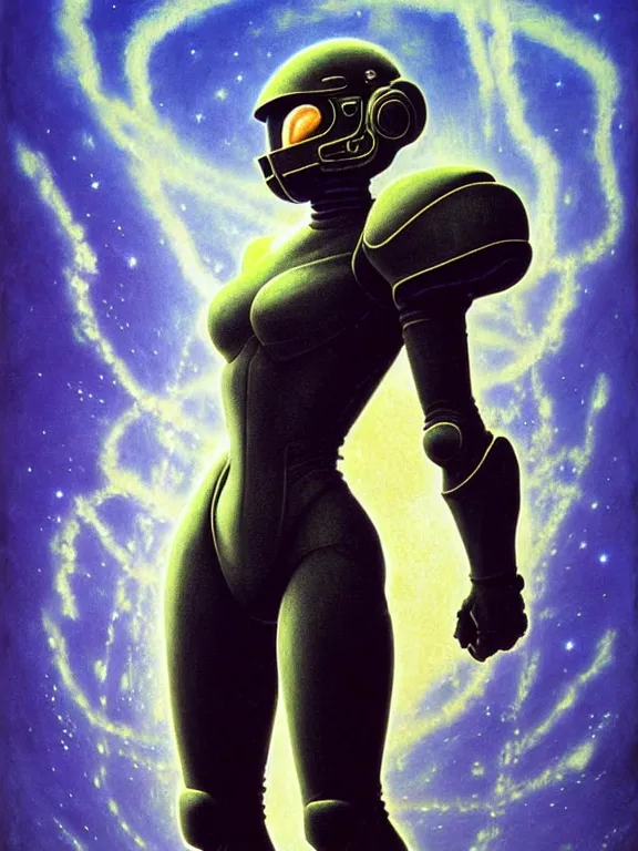 Prompt: a detailed profile painting of Samus Aran from Metroid in polished armour and visor. cinematic sci-fi poster. Cloth and metal. Welding, fire, flames, samurai Flight suit, accurate anatomy portrait symmetrical and science fiction theme with lightning, aurora lighting clouds and stars. Clean and minimal design by beksinski carl spitzweg giger and tuomas korpi. baroque elements. baroque element. intricate artwork by caravaggio. Oil painting. Trending on artstation. 8k