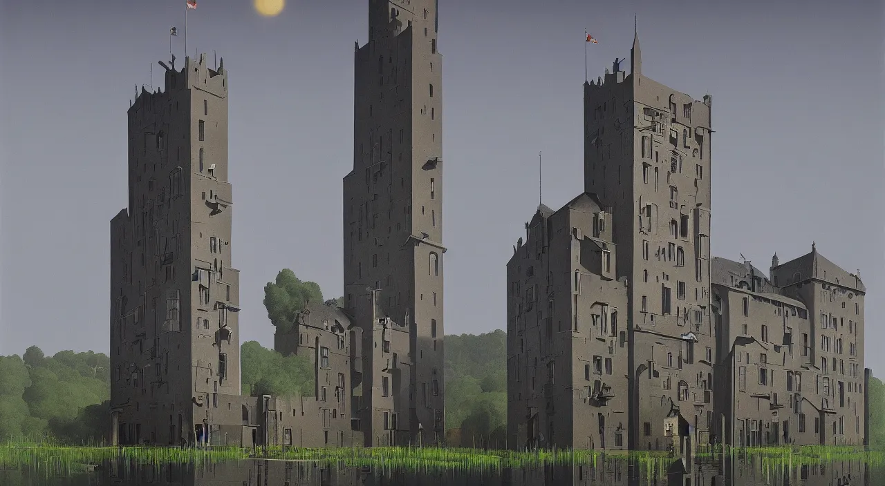 Prompt: flooded tower, a high contrast!! minimalist!! ultradetailed photorealistic painting by magritte stalenhag spitzweg and burns, dark shadows, sunny day, full - length view, vibrant colors, symmetry, great composition, high detail, cinematic lighting, award winning masterpiece, trending on artstation