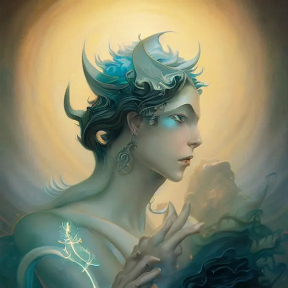 Image similar to a highly detailed beautiful portrait in the style of peter mohrbacher and in the style of jean delville. glowing runes of magical power.