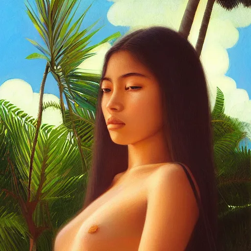 Prompt: a ultradetailed beautiful painting of a latina brazilian girl in amazonas by hsiao ron cheng, ngai victo, nivanh chanthara jean delville wlop and dougherty patrick, trending on artstation, mediterranean, palm trees, light sparkles, major arcana sky, sharp focus, soft light