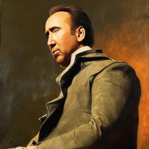 Prompt: Nicolas Cage as an Android, oil on canvas, golden hour, in the world of Andrew Wyeth, artstation, by J. C. Leyendecker and Peter Paul Rubens,