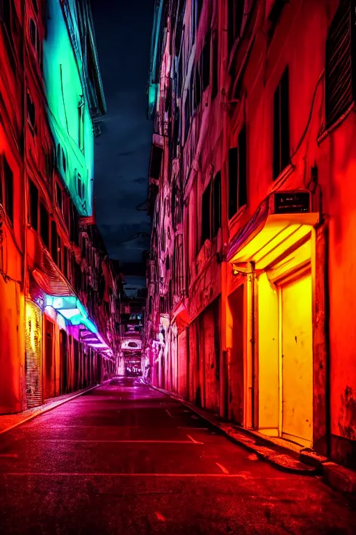 Image similar to neon streets of rome, 4 k, award winning photo, cyberpunk style