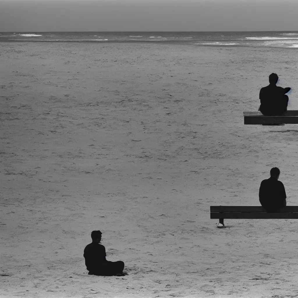 Prompt: An alone man sitting on the bench near to beach, sad, melancholy, Fujichrome Provia 100F,