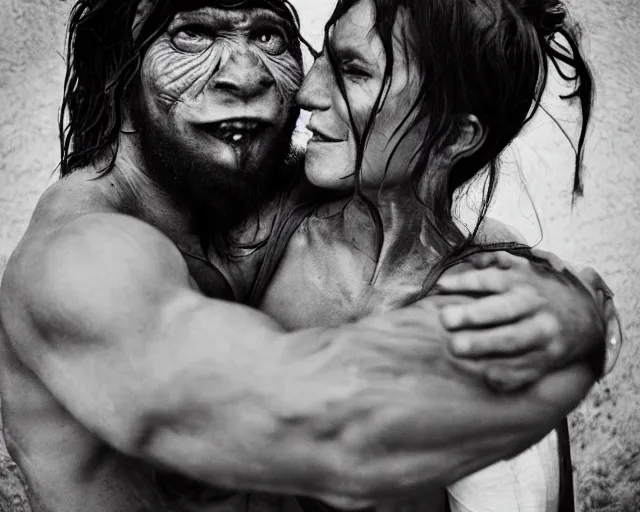 Prompt: Orc woman carrying human man in her arms, happy couple photograph
