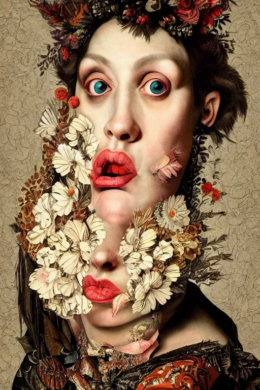 Prompt: Detailed maximalist portrait with large lips and with large eyes, surprised expression, HD mixed media, 3D collage, highly detailed and intricate illustration in the style of Caravaggio, dark art, baroque