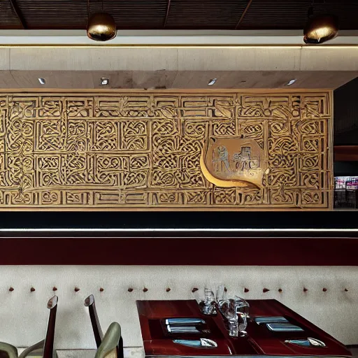 Image similar to a beautiful hyperdetailed interior render of roasted string hotpot restaurant restaurant yan'an, wall corner, from china, with merchant logo, fine delicate structure, chinese style, simple composition, simple style structure decoration design, victo ngai, 4 k hd