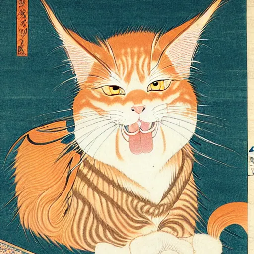 Image similar to beautiful portrait ukiyo - e painting of an ginger maine coon with white beard by kano hideyori, kano tan'yu, kaigetsudo ando, miyagawa choshun, okumura masanobu, kitagawa utamaro