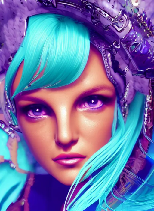 Image similar to portrait of britney spears with turquoise hair, big brown eyes, and a blue dress, intricate jewelry, genshin impact, realistic anime, sharp focus, octane render, trending on artstation, 8k