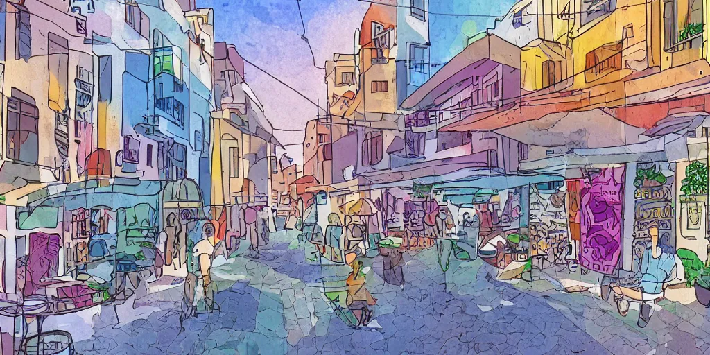 Prompt: tel aviv streets. optimistic. digital art. vector watercolor.