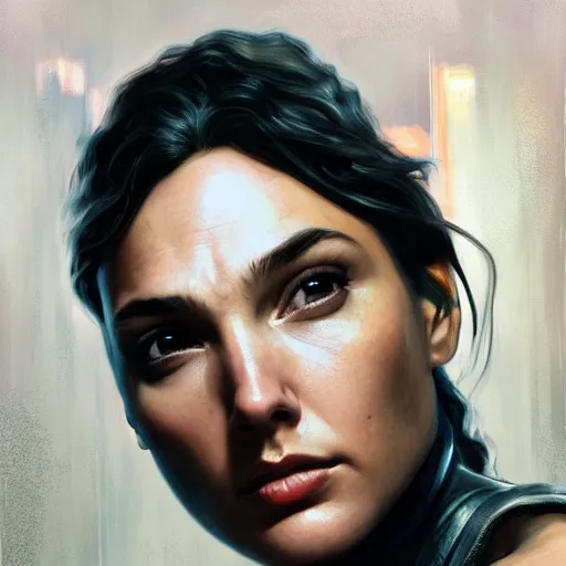 Prompt: gal gadot, hyperrealistic portrait, bladerunner street, art of elysium by jeremy mann and alphonse mucha, fantasy art, photo realistic, dynamic lighting, artstation, poster, volumetric lighting, very detailed face, 4 k, award winning