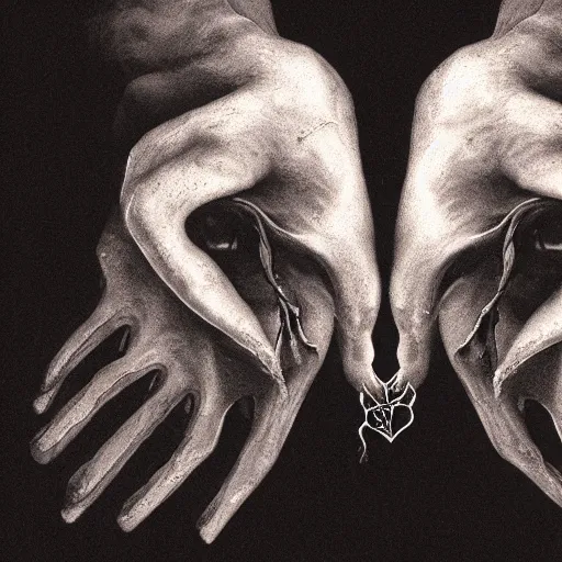 Prompt: a photoillustration of hands ripping a heart in two broken pieces, sadness, dark ambiance, an album cover by Godfrey Blow, featured on deviantart, lyco art, artwork, poster art