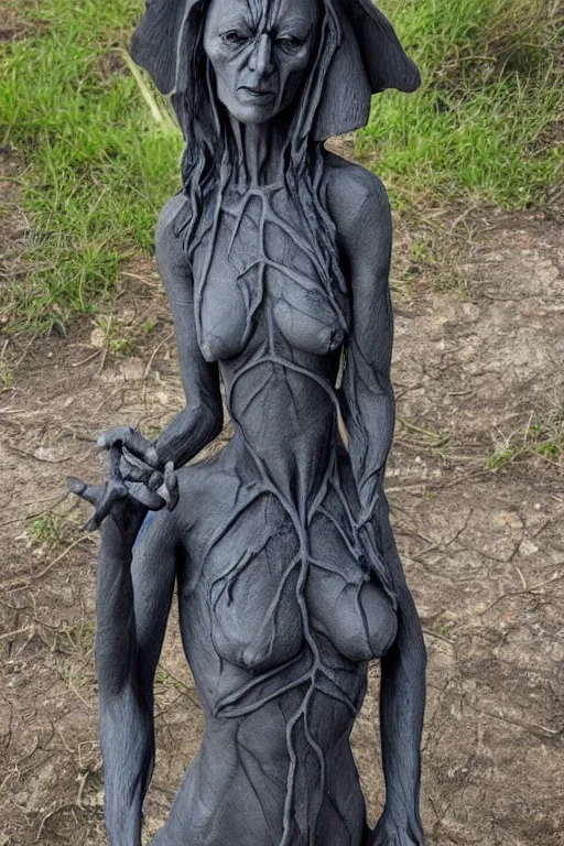 Prompt: a witch statue made in feldspar showing her veins along her body, realistic high level of quality and detail, 8 k