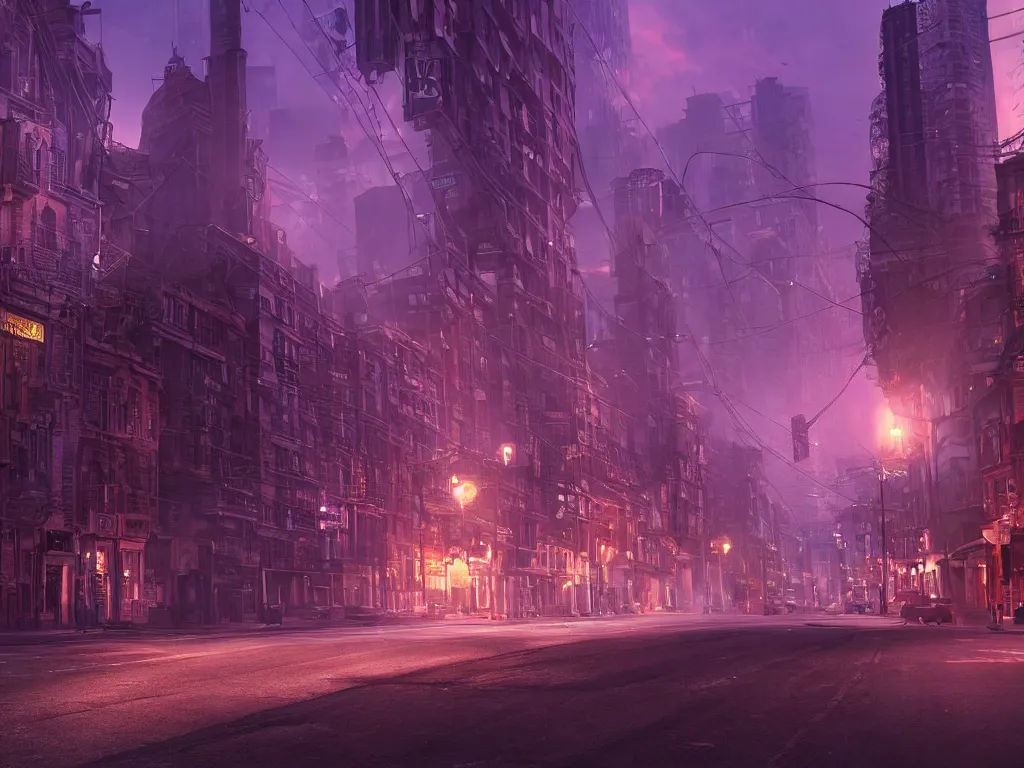 Image similar to eldritch horror lurking within city streets at evening, twilight, purple, global illumination, hyperrealistic, volumetric lighting, epic cinematic shot, perfectly defined features, ambient occlusion