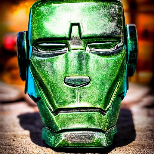 Image similar to a closeup photorealistic photograph of an iron man style tiki mug at a trader vic's beach bar featuring the face of iron man. tiki party. bright scene. fine detail. this 4 k hd image is trending on artstation, featured on behance, well - rendered, extra crisp, features intricate detail, epic composition and the style of unreal engine.