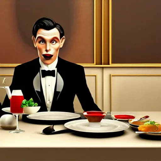 Prompt: a man in a tuxedo sitting at a table with a plate of food, an art deco painting by Patrick Brown, cgsociety contest winner, art deco, rendered in unreal engine, art deco, rendered in cinema4d