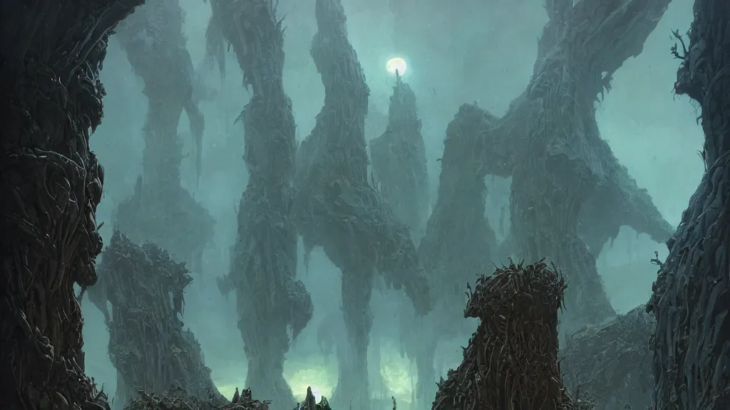 Image similar to eerie atmospheric alien planet with biomechanical plants by les edwards and vincent di fate and anato finnstark, epic cinematic matte painting