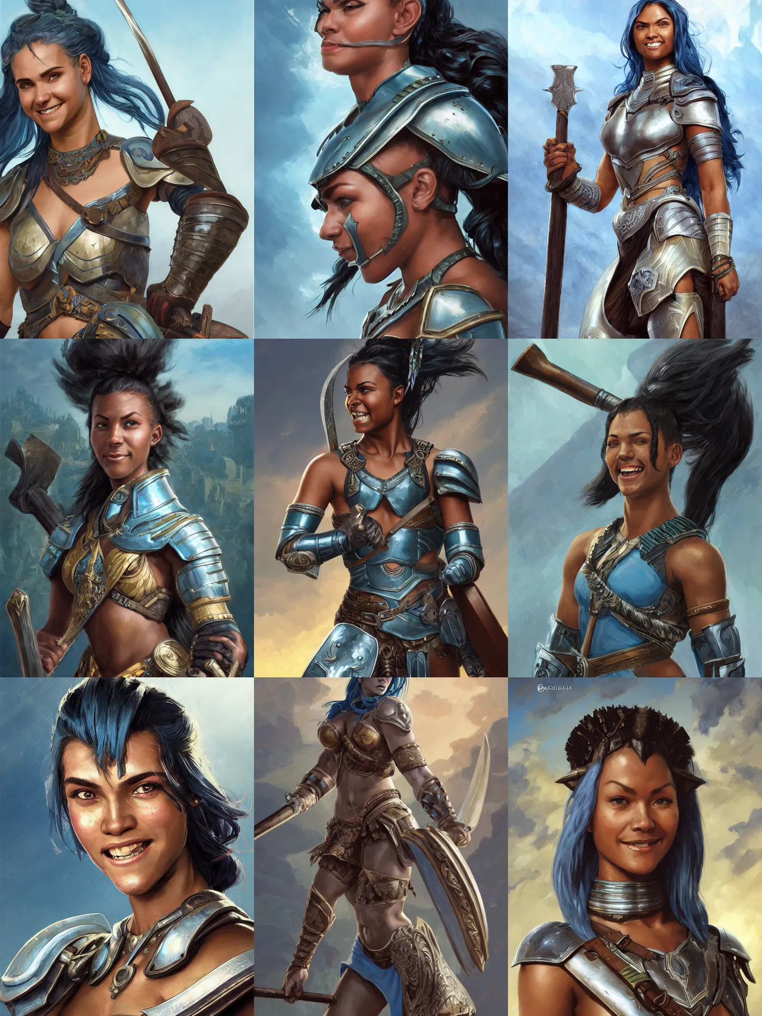 Prompt: frontview portrait of gladiator warrior lady, young, beautiful, dark skin, light blue hair, ponytail, big open green eyes, smile, brown heavy armor, axes, posing, coliseum background, love interest, highly detailed, smooth, sharp focus, digital painting, artgerm and greg rutkowski and alphonse mucha, comic book cover art