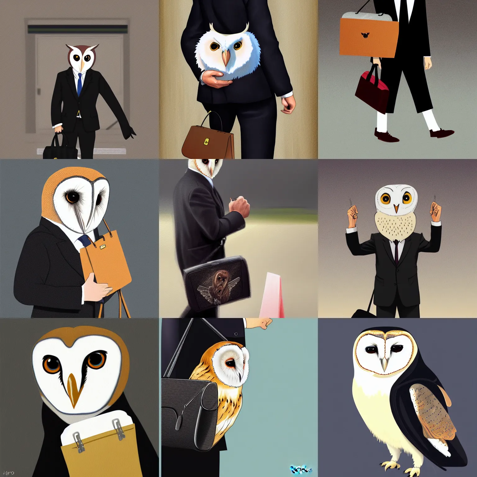 Prompt: digital oil painting of a cute barn owl in a black suit wearing an office bag going to the office, by Hayao Miyazaki