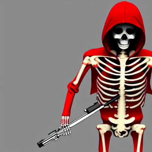 Image similar to a skeleton in a red hoodie with a rifle ultrarealism