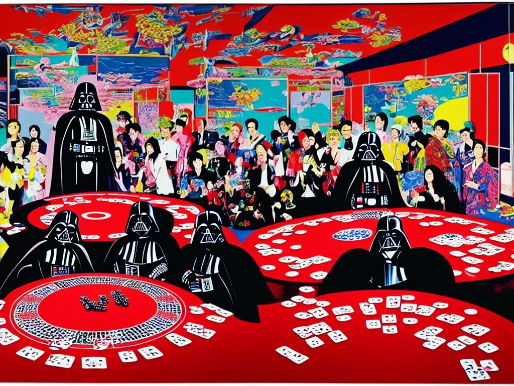 Image similar to hyper - realistic composition of a large room with an extremely detailed poker table in the center, woman in traditional japanese kimono standing nearby, darth vader sitting at the table, fireworks in the background, pop art style, jackie tsai style, andy warhol style, acrylic on canvas, dull palette