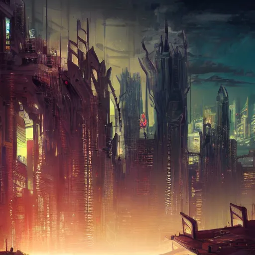 Image similar to concept art, high fantasy, cyberpunk, cityscape