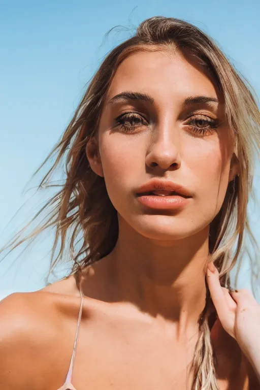 Prompt: olive skinned female model in her twenties, wearing sundress, looking content, focused on her neck, photo realistic, extreme detail skin, natural beauty, no filter, slr, golden hour, 4 k, high definition, selfie