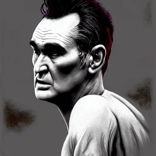 Image similar to side view of morrissey as a zombie with cuts and with a large quiff and thick eyebrows and warm brown lighting, 7 days to die zombie, realistic proportions, fine art, award winning, intricate, elegant, sharp focus, cinematic lighting, digital painting, 8 k concept art, art by brom, art by michael hussar, 8 k