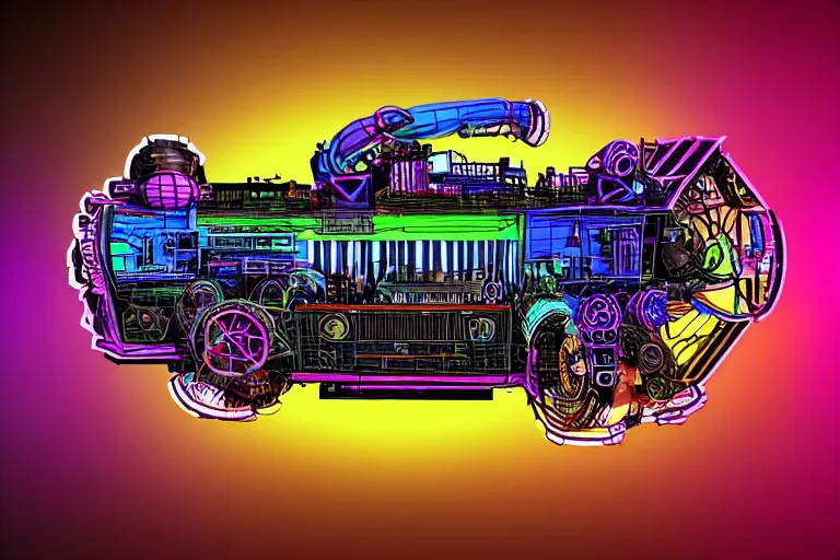 Image similar to bumper sticker of a rockband, name is tripmachine, on the sticker is a 3 d render of a huge futuristic steampunk generator, 8 k, fluorescent colors, halluzinogenic, multicolored, exaggerated detailed, silk screen art