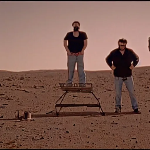 Image similar to The Trailer Park Boys on Mars, found footage, film grain