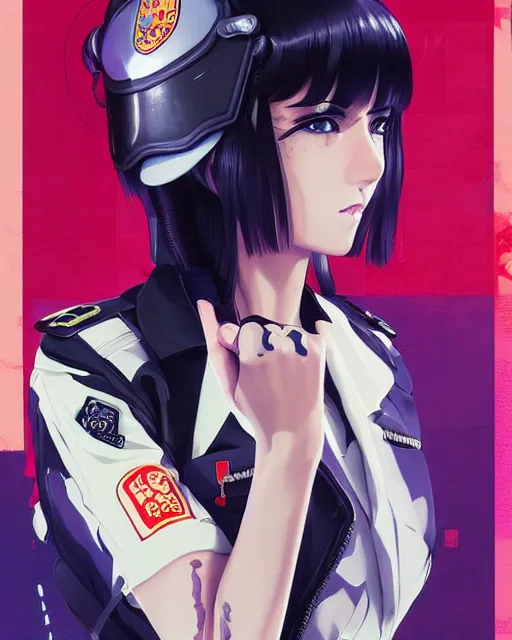 Image similar to police officer girl very very anime!!! fine face, audrey plaza, realistic shaded perfect face, fine details. anime. realistic shaded lighting cyberpunk futuristic neon tattoos styled hair reflective puffy sheen film jacket decorated poster by ilya kuvshinov katsuhiro otomo ghost in the shell magali villeneuve artgerm jeremy lipkin michael garmash rob rey