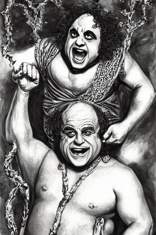 Prompt: danny devito as dionysus by josh kirby