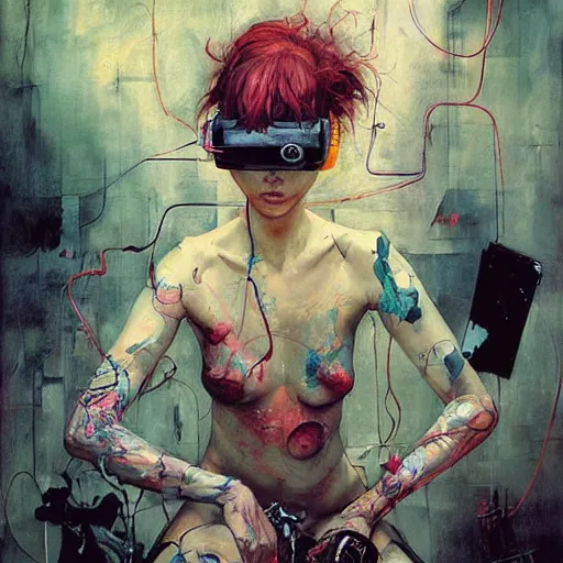 Image similar to woman in a vr headset, cyberpunk in the style of adrian ghenie, esao andrews, jenny saville, surrealism, dark art by james jean, takato yamamoto