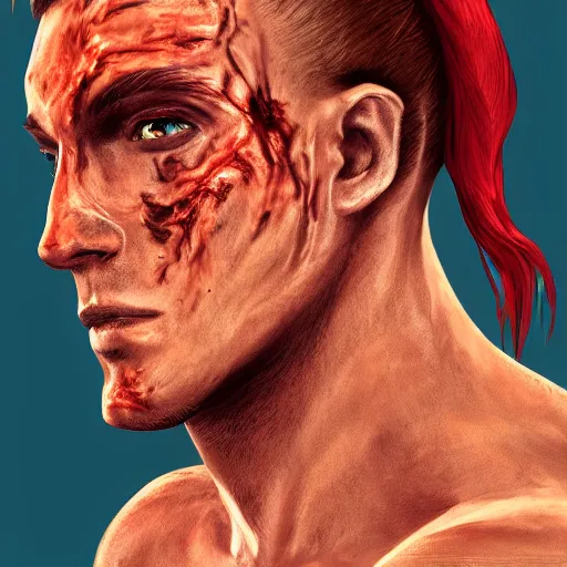 Prompt: portrait, 30 years old man :: red hair ponytail :: burned face, grimy, shirtless :: high detail, digital art, RPG, concept art, illustration