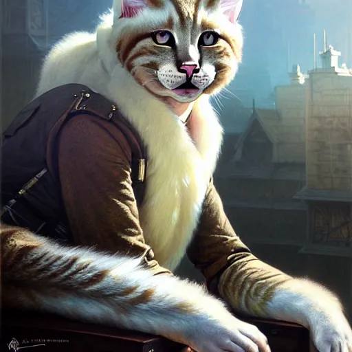 Image similar to portrait painting of a friendly tabaxi police officer, white fur, ultra realistic, concept art, intricate details, eerie, highly detailed, photorealistic, octane render, 8 k, unreal engine. art by artgerm and greg rutkowski and magali villeneuve and alphonse mucha