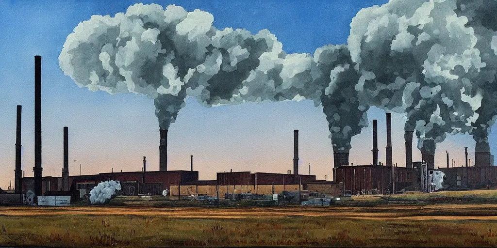 Image similar to a depressing and quite sad painting of a factory with smoke stacks billowing into a sky the color of a tv turned to a dead channel ; highly detailed