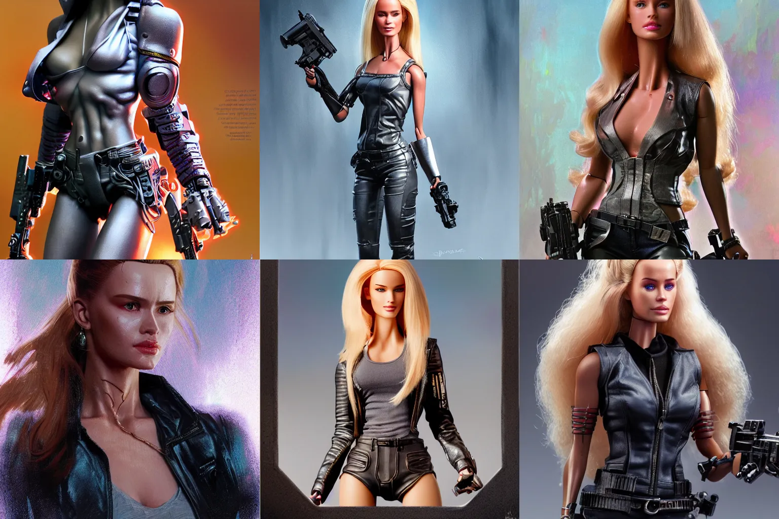 Prompt: The character of the Terminator film Barbie doll, a highly detailed character in digital fantasy, painted portrait, artstation, concept art, hard focus, illustrations, works by Artgerm and Greg Rutkowski, Alphonse Mucha and Craig Mullins, James Jean, Andrey Ryabovichev, Mark Simonetti and Peter Morbacher, 16 thousand