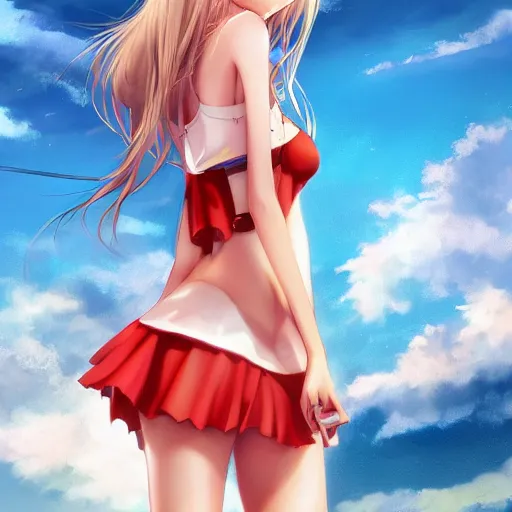Prompt: a very beautiful young anime tennis girl, full body, long wavy blond hair, sky blue eyes, full round face,, bikini, miniskirt, front shot, highly detailed, cinematic wallpaper by stanley artgerm lau